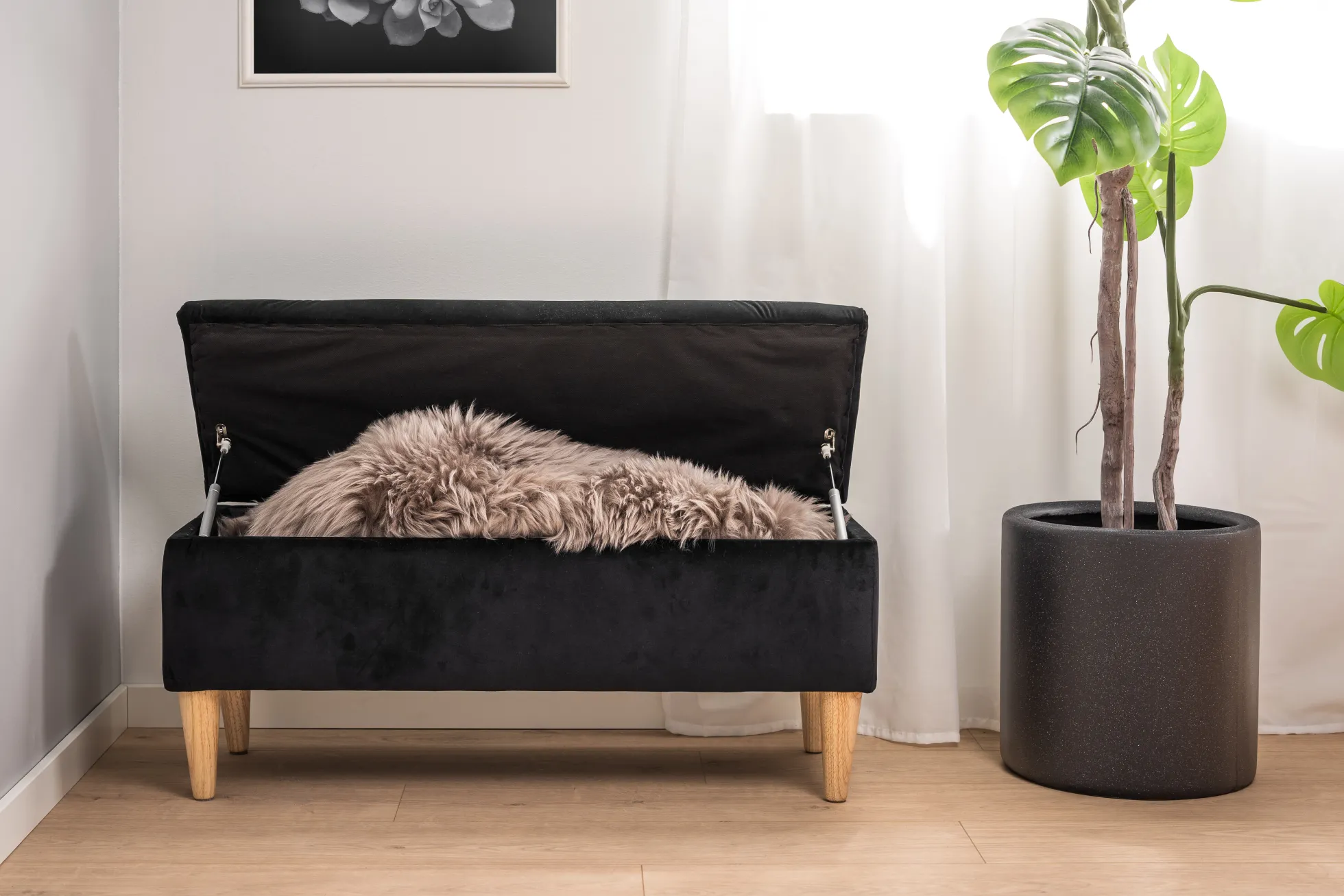Lens med opbevaring velour sort/natur